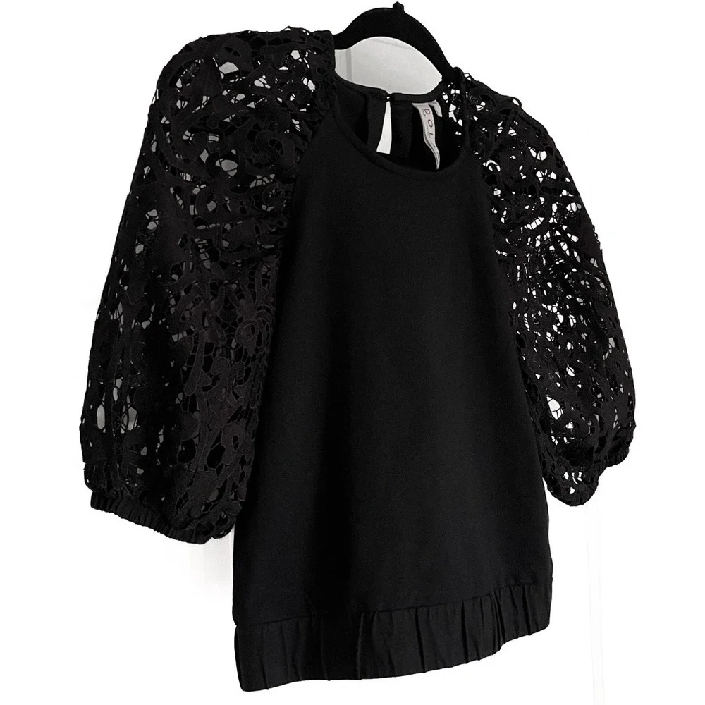 Anthropologie Dolan Balloon Sleeve Top Lace Cut Outs Black Sz S Boho‎ Volume